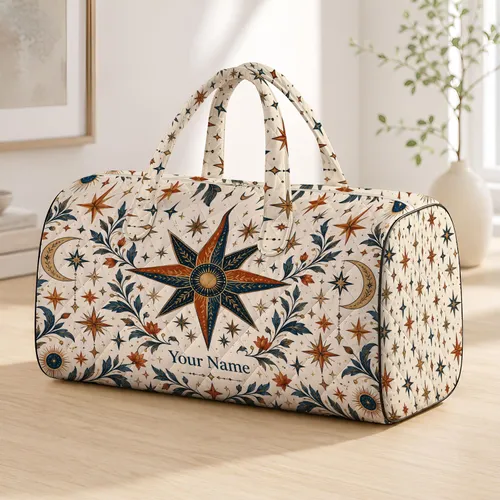 Bohemian Celestial Stars in Rust and Navy for Beach Getaways and Relaxed Summer Travel Quilted Weekend Bag