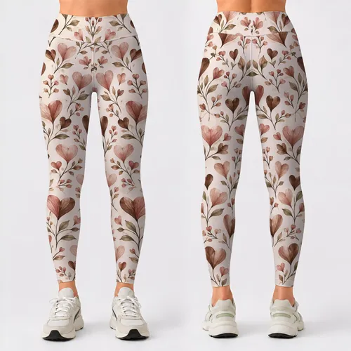 Taupe Floral Hearts for Yoga, Pilates and Everyday Casual Style Leggings