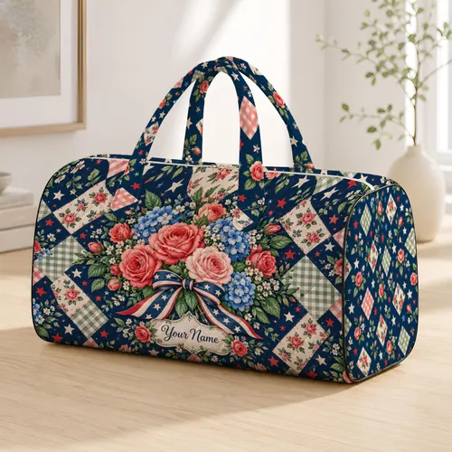 Rose Patchwork, Gingham and Stars for Festive Holiday Travel and Weekend Getaways Quilted Weekend Bag