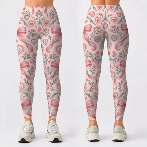 Coral Heart And Bow Motifs For Yoga Pilates And Everyday Wear Leggings