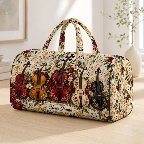 Colorful Violin Ensemble and Musical Notes for Concert Lovers and Music Travel Quilted Weekend Bag