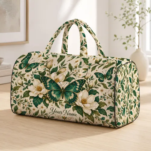 Teal Butterflies and Ivory Blooms for Bohemian Getaways and Garden-Loving Travelers Quilted Weekend Bag