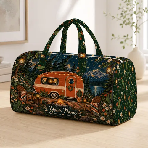Vintage Camper and Woodland Stars for Camping Getaways and Weekend Road Trips Quilted Weekend Bag