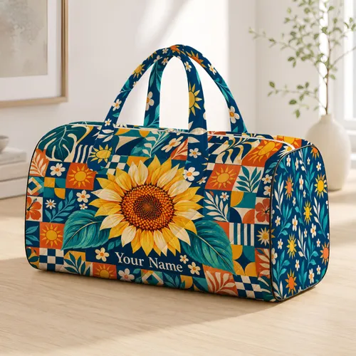 Bold Sunflower and Coastal Patchwork for Sunny Beach Days and Relaxed Summer Getaways Quilted Weekend Bag