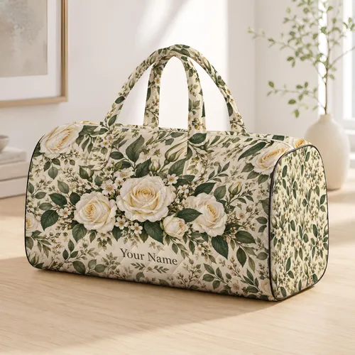 Ivory Rose And Sage Botanical Blooms For Garden Getaways And Relaxed Travel Days Quilted Weekend Bag
