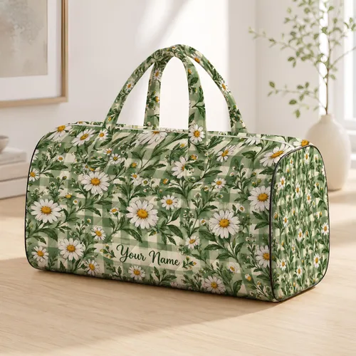 Sage Gingham Daisies for Cottage Getaways and Sunny Weekend Travel Adventures Quilted Weekend Bag