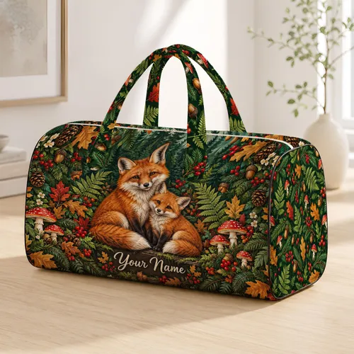 Woodland Foxes, Mushrooms And Autumn Leaves For Cozy Weekend Getaways, Nature Lovers Quilted Weekend Bag