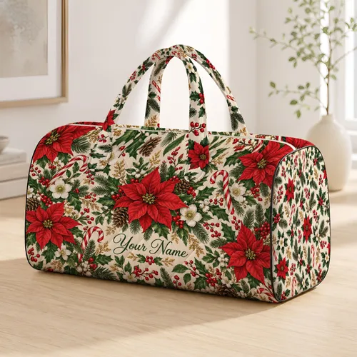 Vintage Poinsettia Candy Cane Florals for Cozy Holiday Travel and Festive Getaways Quilted Weekend Bag