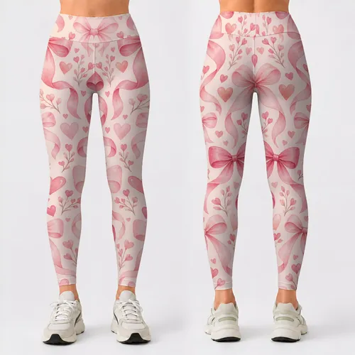 Blush Ribbon Bows and Hearts for Yoga, Pilates, and Everyday Romance Leggings