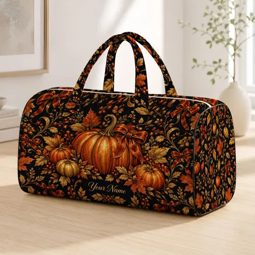 Copper Pumpkin And Golden Leaves for Cozy Autumn Getaways and Fall Travel Quilted Weekend Bag