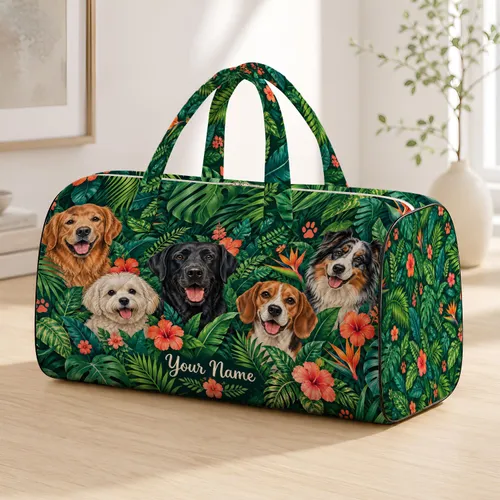 Jungle Dog Portraits with Tropical Flowers for Beach Days and Weekend Travel Getaways Quilted Weekend Bag