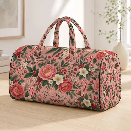 Blush Rose Blossoms And Candy Canes For Romantic Winter Getaways And Holiday Travel Quilted Weekend Bag