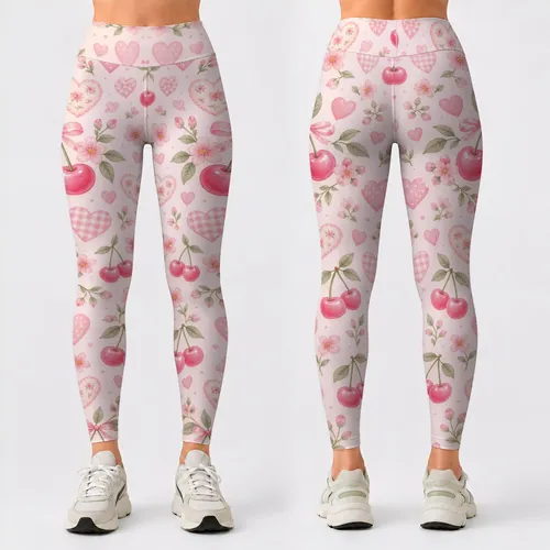 Blush Hearts and Sweet Cherries for Yoga, Pilates, and Relaxed Everyday Outings Leggings