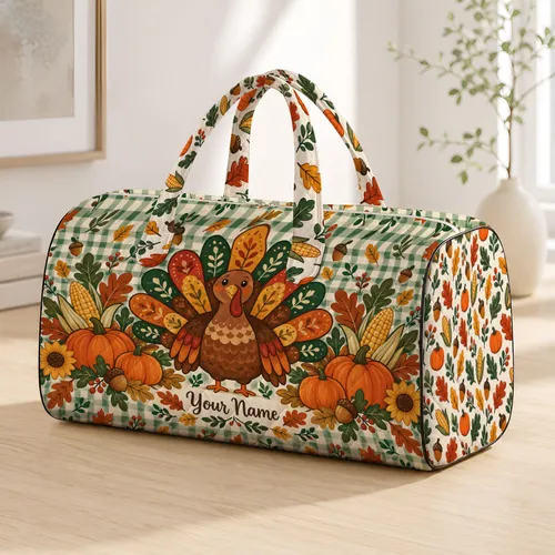 Autumn Turkey Harvest with Pumpkins and Corn for Cozy Seasonal Weekend Getaways Quilted Weekend Bag
