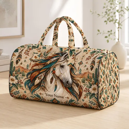 White Horse with Teal Rust Feather Mane for Southwestern Road Trips and Desert Escapes Quilted Weekend Bag