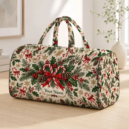 Winter Holly And Candy Cane Botanicals For Cozy Festive Holiday Travel Getaways Quilted Weekend Bag