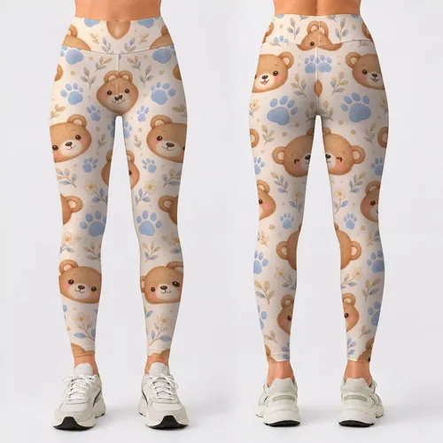 Kawaii Teddy Bear And Blue Paw Prints For Yoga Pilates And Cozy Casual Days Leggings