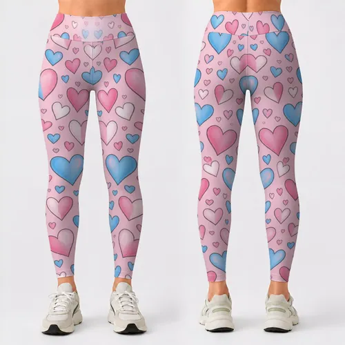 Blush And Sky Blue Hearts For Romantic Yoga, Pilates And Everyday Activewear Style Leggings