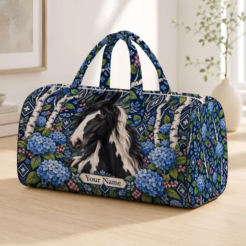 Black And White Horse With Blue Hydrangeas For Cottage Garden Getaways And Travel Quilted Weekend Bag