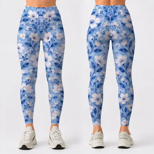 Powder Blue White Blossom Florals for Yoga Pilates and Everyday Style Leggings