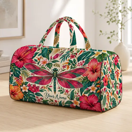 Tropical Hibiscus and Dragonfly Floral Style for Colorful Beach and Travel Getaways Quilted Weekend Bag