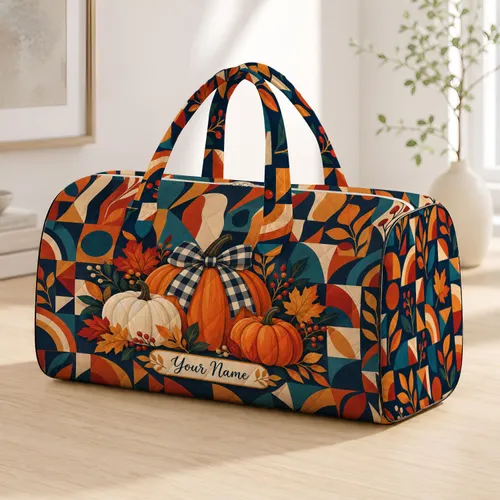 Geometric Pumpkin Leaves and Bow for Cozy Autumn Getaways and Seasonal Travel Lovers Quilted Weekend Bag