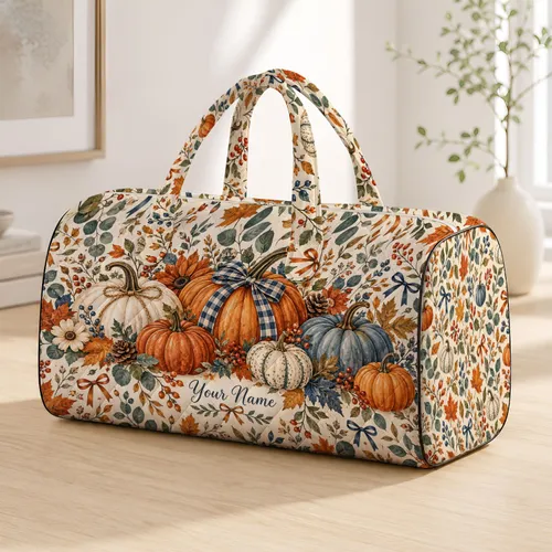 Watercolor Autumn Pumpkins Sage Foliage and Fine Bows for Cozy Seasonal Getaways Quilted Weekend Bag