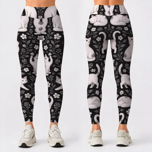 Playful White Cats on Charcoal for Yoga, Pilates, and Everyday City Adventures Leggings