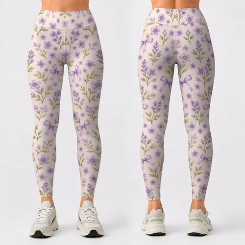 Lavender Bows And Tiny Blossoms For Spring Yoga And Everyday Wear Leggings