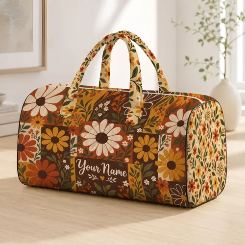 Rust Mustard Daisy Patchwork for Autumn Park Trips, Travel and Cozy Getaways Quilted Weekend Bag