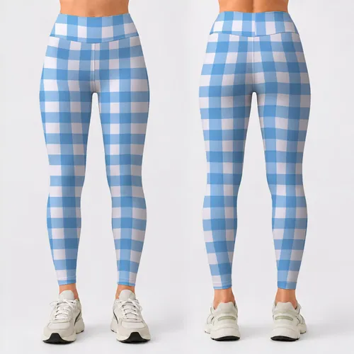 Sky Blue And White Gingham Checks For Yoga, Pilates And Everyday Active Style For Women Leggings