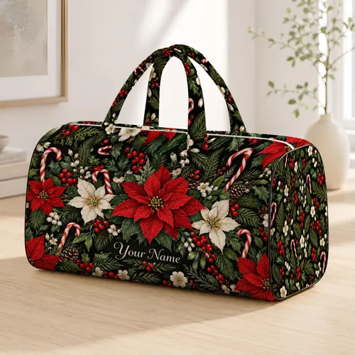 Red White Blossoms and Candy Canes for Festive Holiday Travel and Cozy Winter Getaways Quilted Weekend Bag