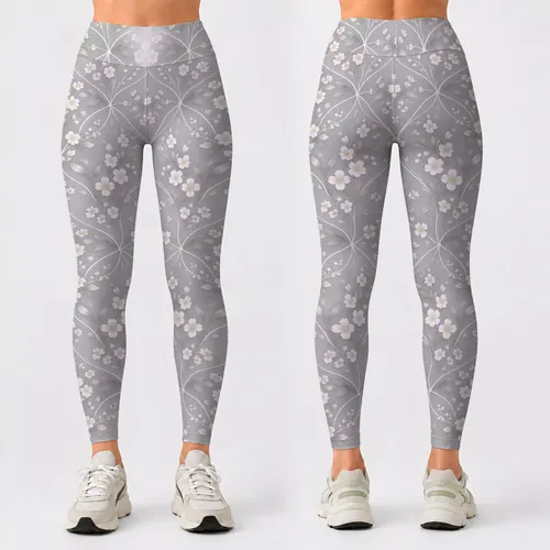 Silver Gray Tiny Blooms And Geometric Lattice For Yoga Pilates And Everyday Athleisure Leggings