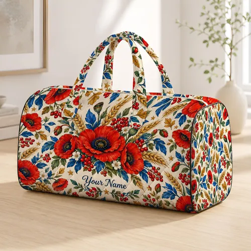 Red Poppy, Wheat and Berry Garden for Relaxed Weekend Getaways and Autumn Travel Quilted Weekend Bag
