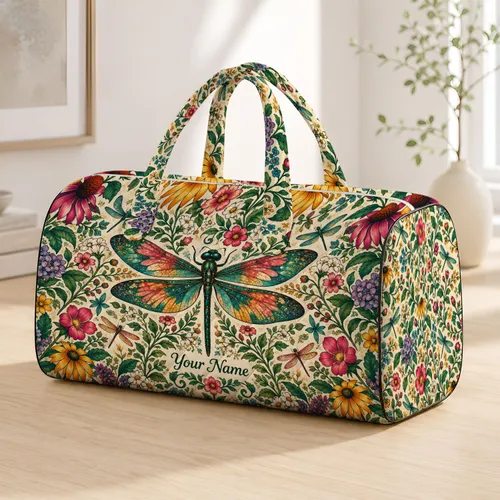 Vibrant Dragonflies and Wildflowers for Colorful Weekend Getaways and Beach Escapes Quilted Weekend Bag