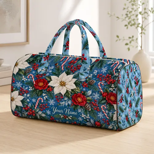 Winter Blue Poinsettia And Candy Cane Motifs For Holiday Travel And Cozy Getaways Quilted Weekend Bag