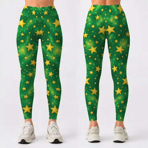 Golden Stars on Vivid Green for Yoga Pilates Commutes and Everyday Active Style Leggings