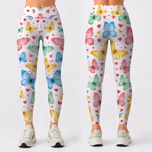 Pastel Butterflies and Red Hearts for Yoga Pilates and Everyday Adventures Leggings