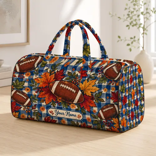 Autumn Footballs and Falling Leaves for Tailgate Picnics and Cozy Weekend Getaways Quilted Weekend Bag