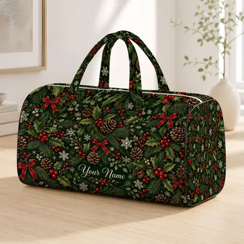 Evergreen Holly, Pinecones And Snowflakes For Cozy Christmas Winter Holiday Getaways Quilted Weekend Bag