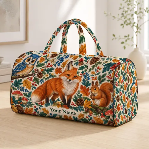 Autumn Woodland Animals with Owl Fox and Squirrel for Nature Lovers and Fall Getaways Quilted Weekend Bag