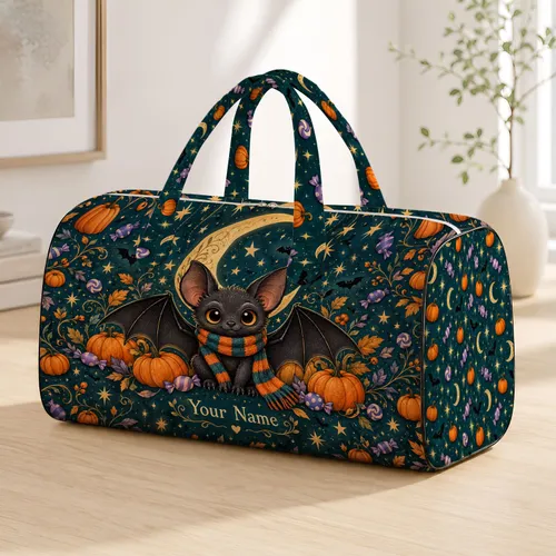 Cute Halloween Bat Kitten with Scarf for Autumn Travel and Festive Seasonal Getaways Quilted Weekend Bag