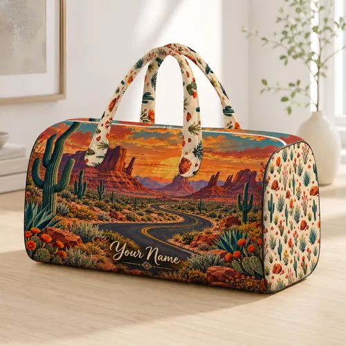 Desert Cacti and Red Rock Mesa Road Trip Escape for Southwest Weekend Getaways Quilted Weekend Bag
