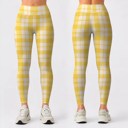 Yellow And White Gingham Checks For Yoga Pilates And Bright Everyday Outfits Leggings