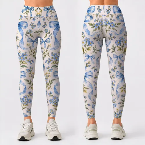 Blue Bow And Tiny Floral Motifs For Yoga, Pilates, And Everyday Outings Leggings