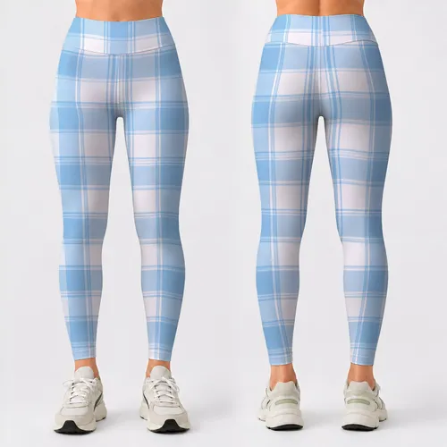Light Blue Plaid Checks for Yoga Pilates Commutes and Everyday Casual Style Leggings
