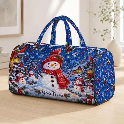 Cheerful Snowmen in Snowfall for Cozy Winter Getaways and Festive Holiday Travel Quilted Weekend Bag