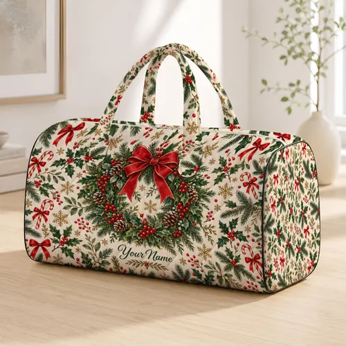 Evergreen Wreaths And Holly For Cozy Christmas Getaways And Festive Winter Travel Quilted Weekend Bag