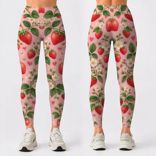 Sweet Strawberry Hearts and Daisies for Yoga, Pilates, and Everyday Casual Wear Leggings