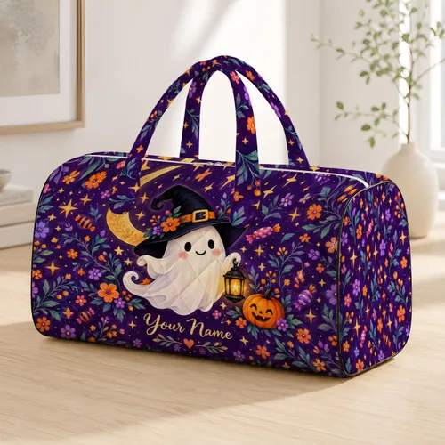 Friendly Ghost Witch Hat And Moon For Spooky Halloween Nights And Candy Fun Quilted Weekend Bag